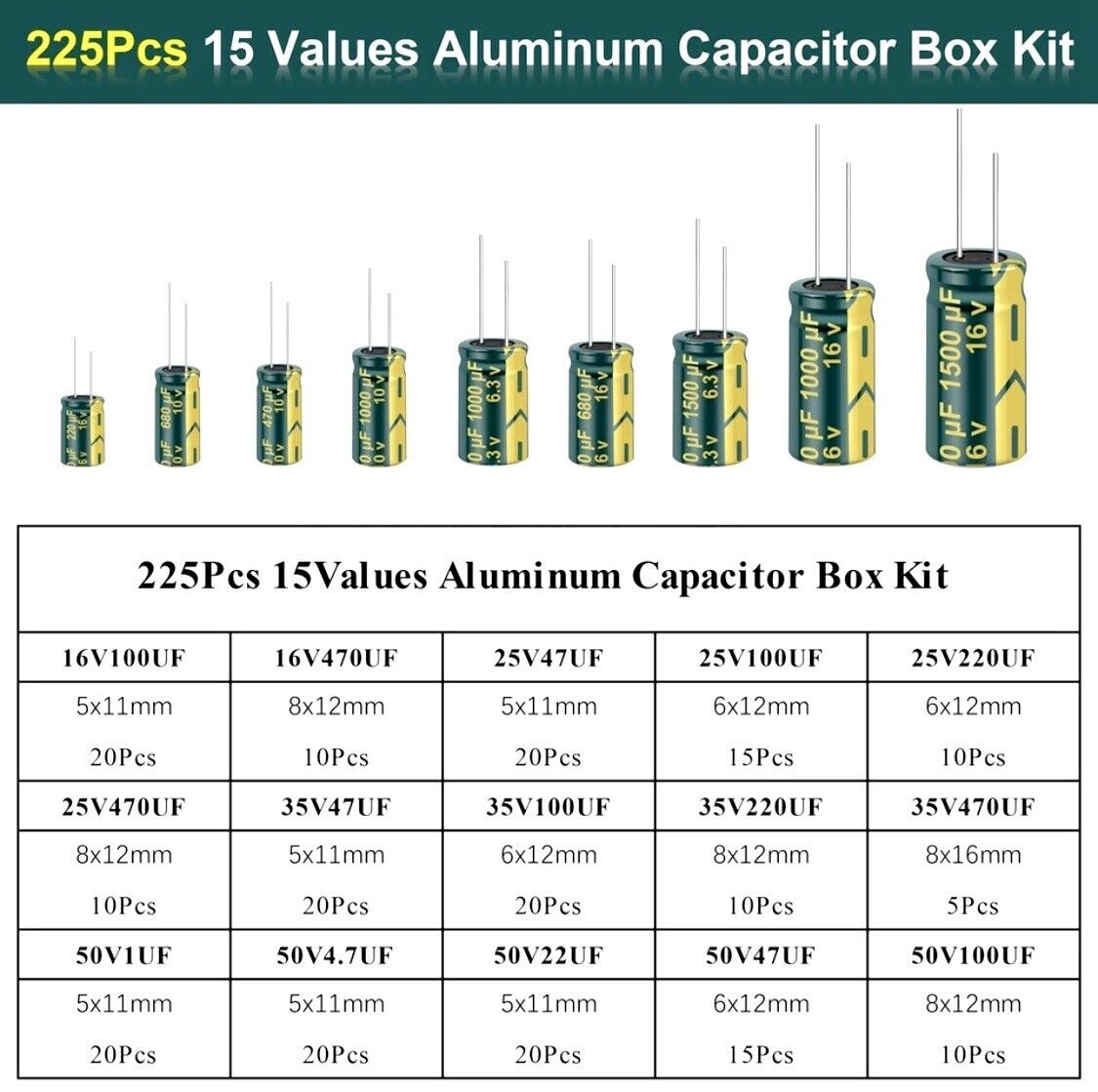 225PCS High Frequency LOW ESR Electrolytic Capacitor’s 1uF-470uF 105°C 16V-50V