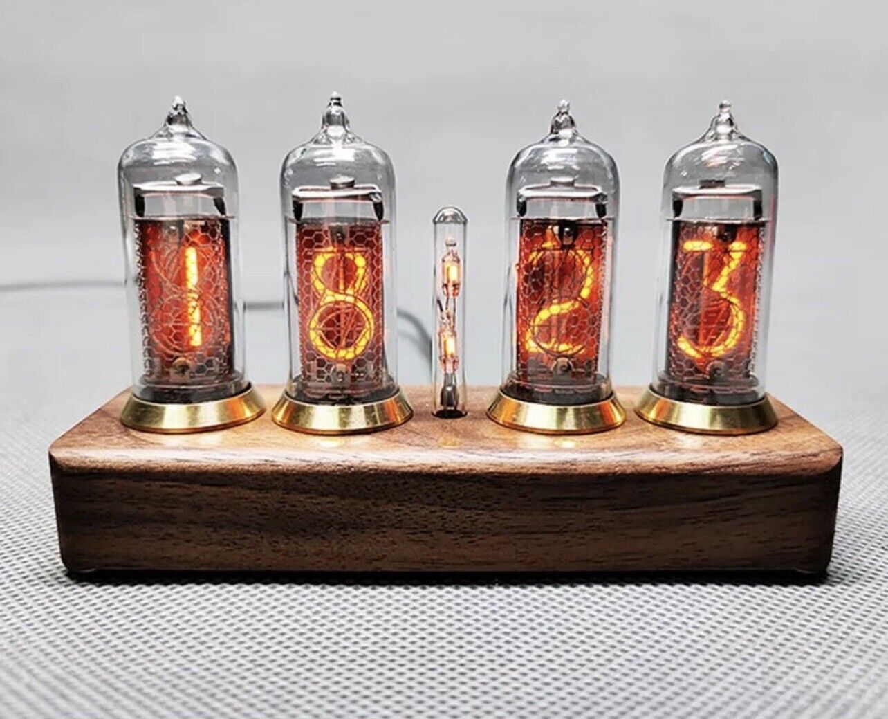 IN-14 Nixie Tube 4 Digit Clock Bluetooth Connectivity Walnut Base Brass Rings