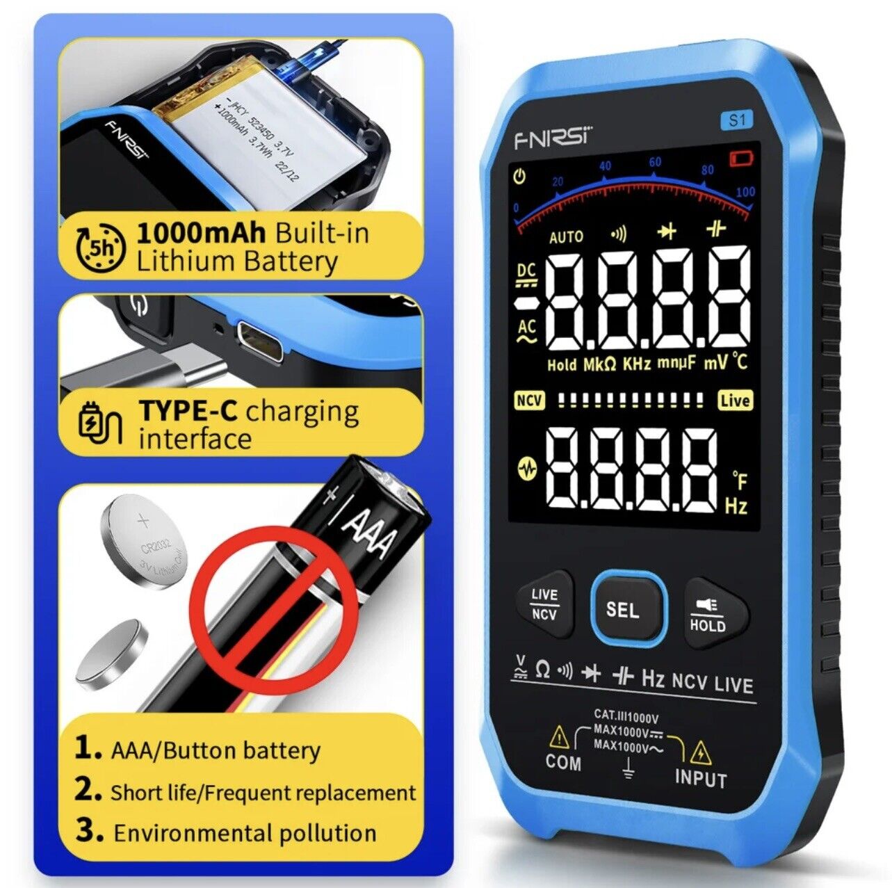 FNIRSI-S1 Digital Multimeter 9999 Counts AC DC Diode NCV Hz Live Tester