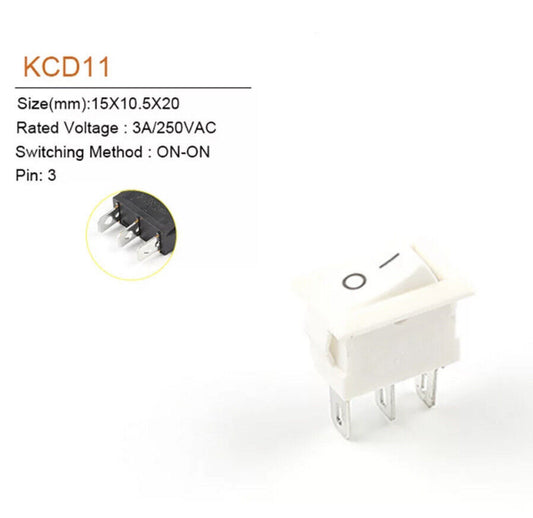 5 X Rocker Switch SPST 10x15mm 2 PIN ON/OFF KCD11 5V 12V 125V~6A 250V~3A (WHITE)