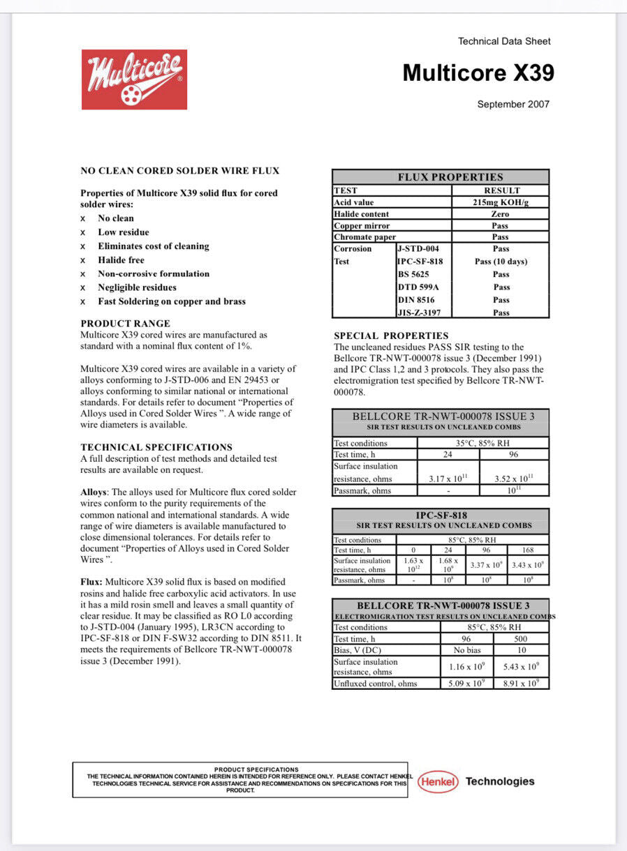 Multicore 60/40 X39 3 Core 1.25mm 0.5kg Tin/Lead Solder Wire 1% No Clean Flux