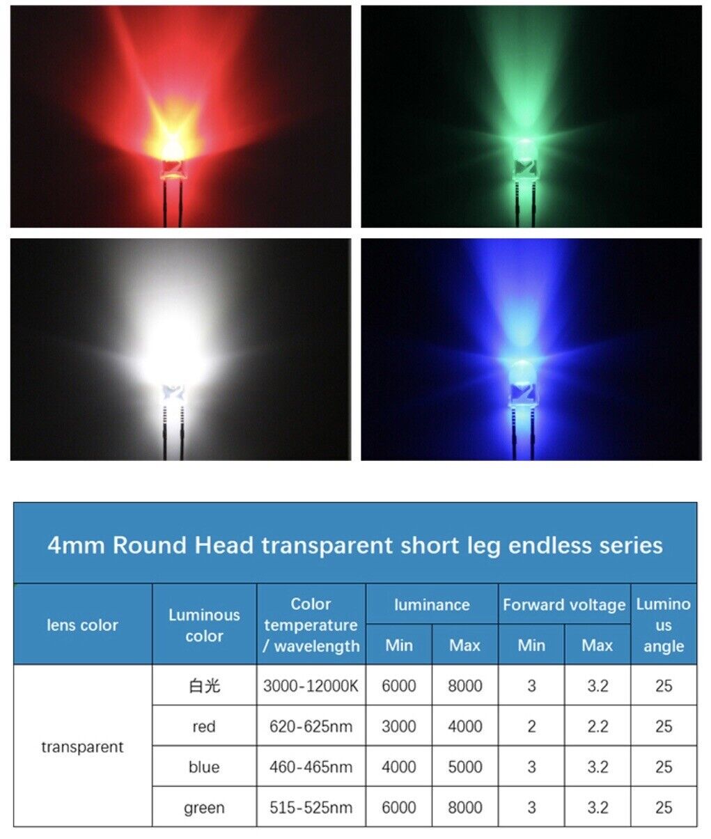 100pcs 4mm COOL WHITE Leds Light Emitting Diode Clear Round Head LED NO Edge