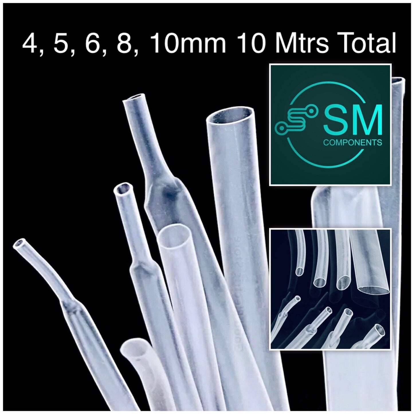 10Mtr Clear Heat Shrink Tubing 2Mtr each Size 4-10mm Wrap Assortment Electrical