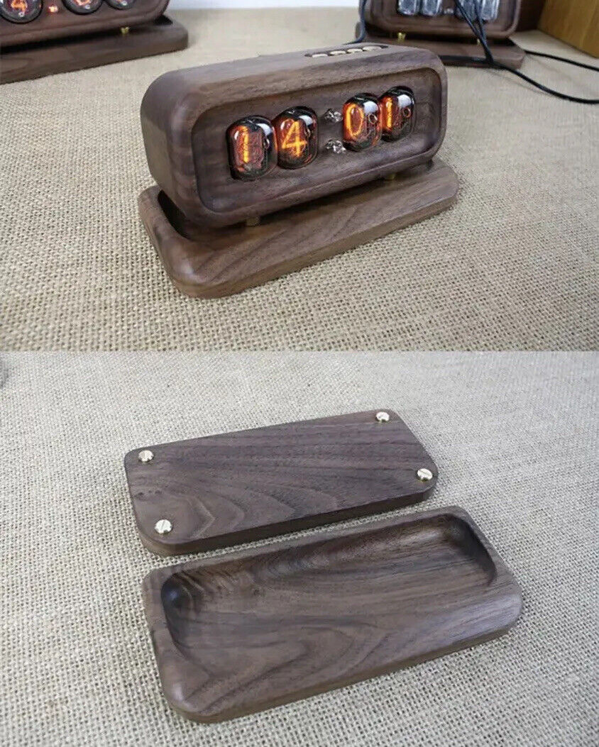 IN-12 IN12 4 Digit Nixie NO TUBES Clock Dark Walnut Inc Base 12/24 Hr