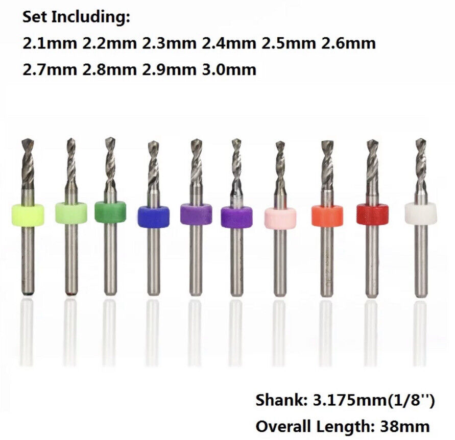 10Pcs 2.1-3.0mm PCB Print Circuit Board Carbide Mini Micro Drill Bit Set