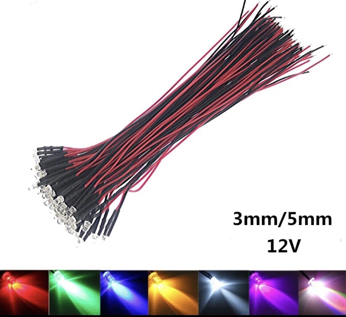 20pcs Prewired 3mm GREEN LED DC 12V 20mA 3mm Clear Round Light Emitting Diode