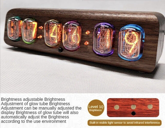 IN-12 Nixie tube Clock Walnut Case Brass Feet Bluetooth Vintage Style Auto Time