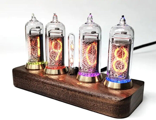 IN-14 Nixie Tube 4 Digit Clock Bluetooth Connectivity Walnut Base Brass Rings