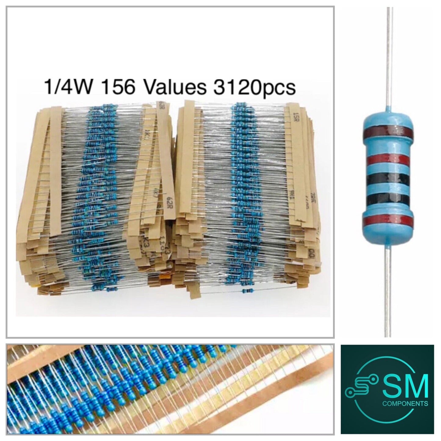 1/4W Metal Film Resistors 156 Values 1Ω -10MΩ 1/4W (0.25) 3120pcs Assortment Kit