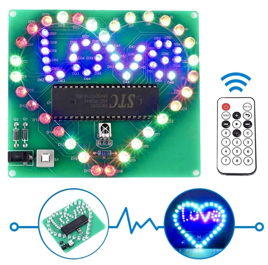 DIY RGB LED Heart Project Electronic Education Circuit Starter Kit Cable Include