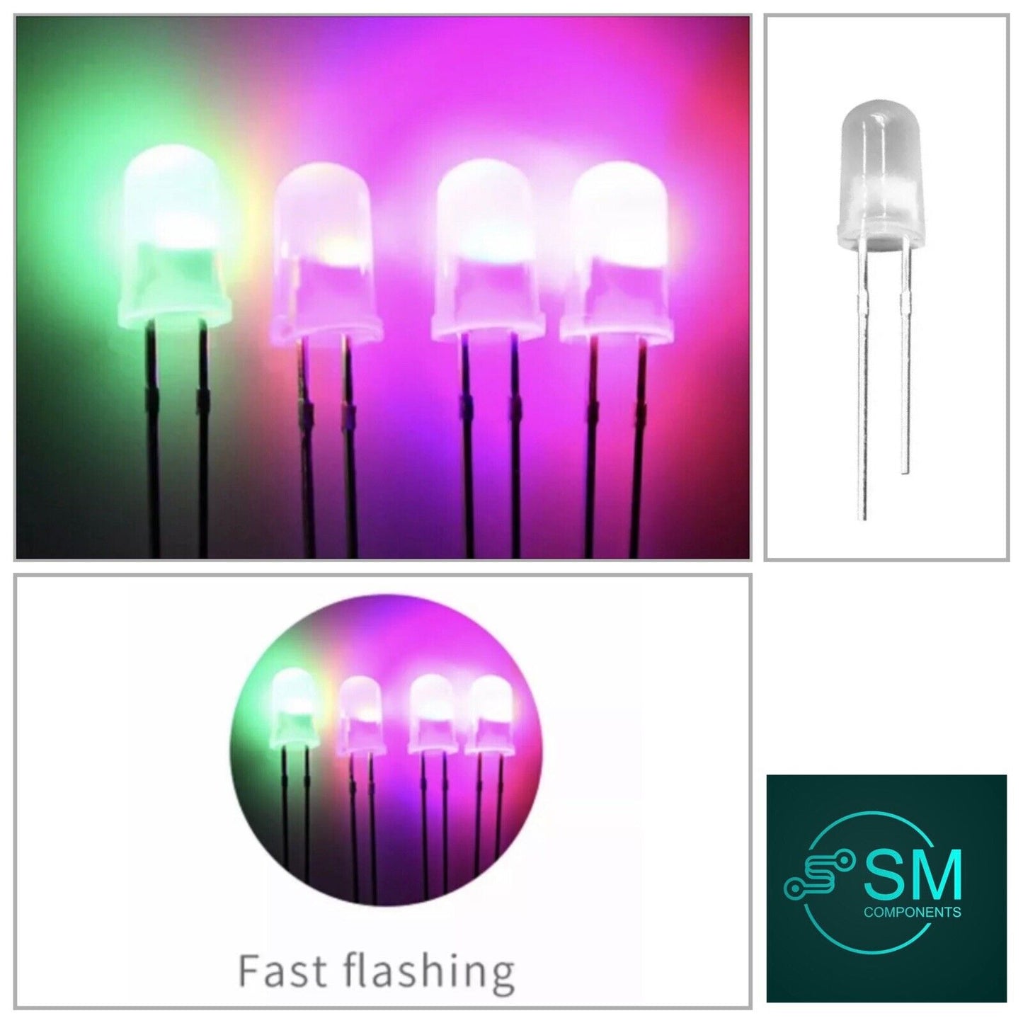 5mm LED Light Emitting Diode RGB FAST flash 100pcs DIFFUSED Round Top 7 Colour