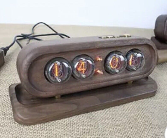 QS-30 4 Digit Nixie tube Clock Inc Enclosed Black Walnut Base And Stand