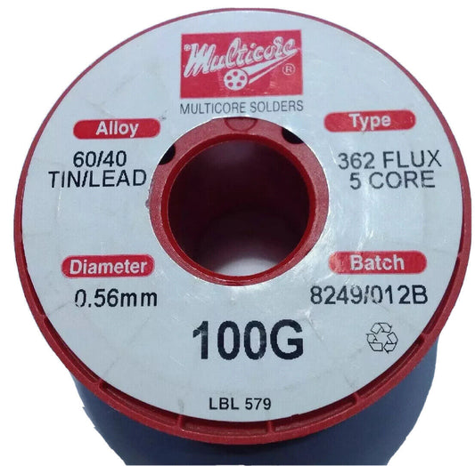 Multicore 60/40 Tin/Lead 362 Flux 5 Cored Solder Wire, 0.56mm 100g