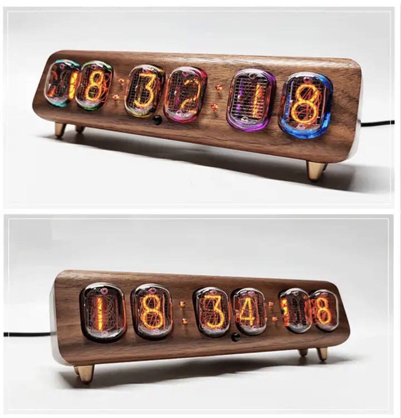 IN-12 Nixie tube Clock Walnut Case Brass Feet Bluetooth Vintage Style Auto Time