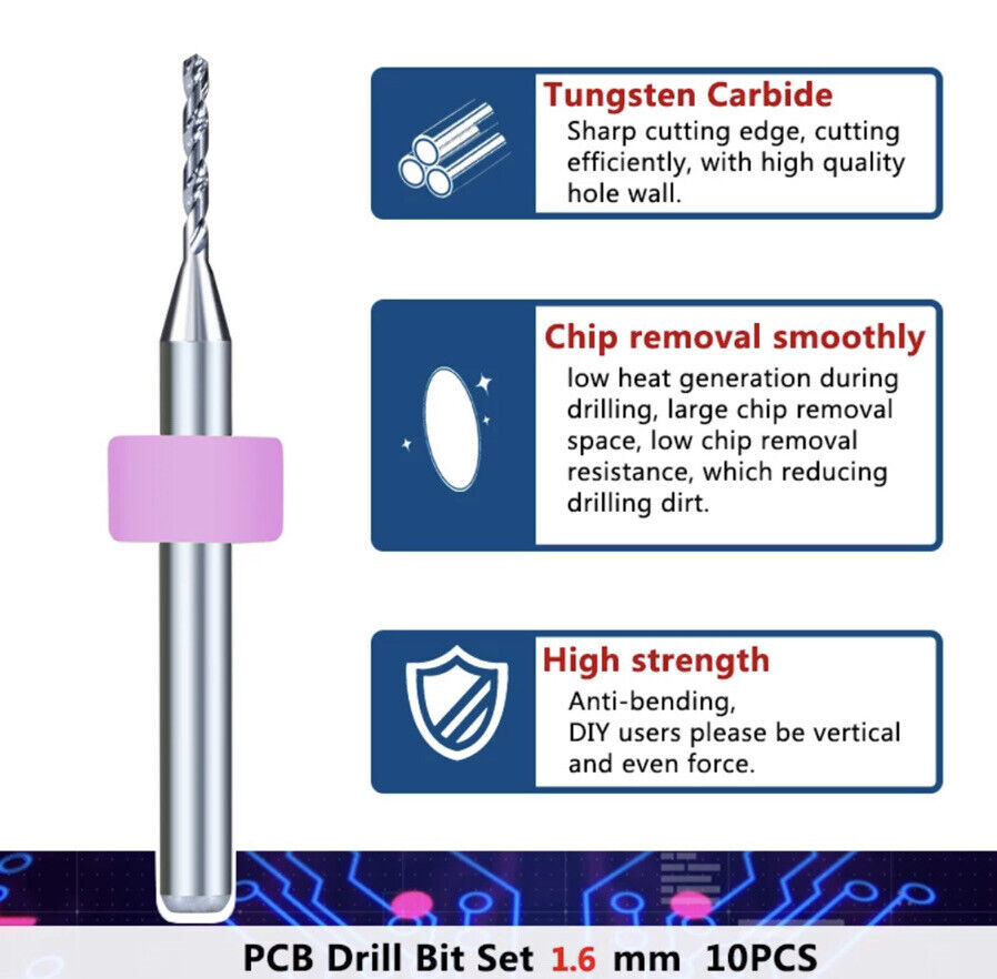 10Pcs 1.6mm PCB Print Circuit Board Carbide Mini Micro Drill Bit Set