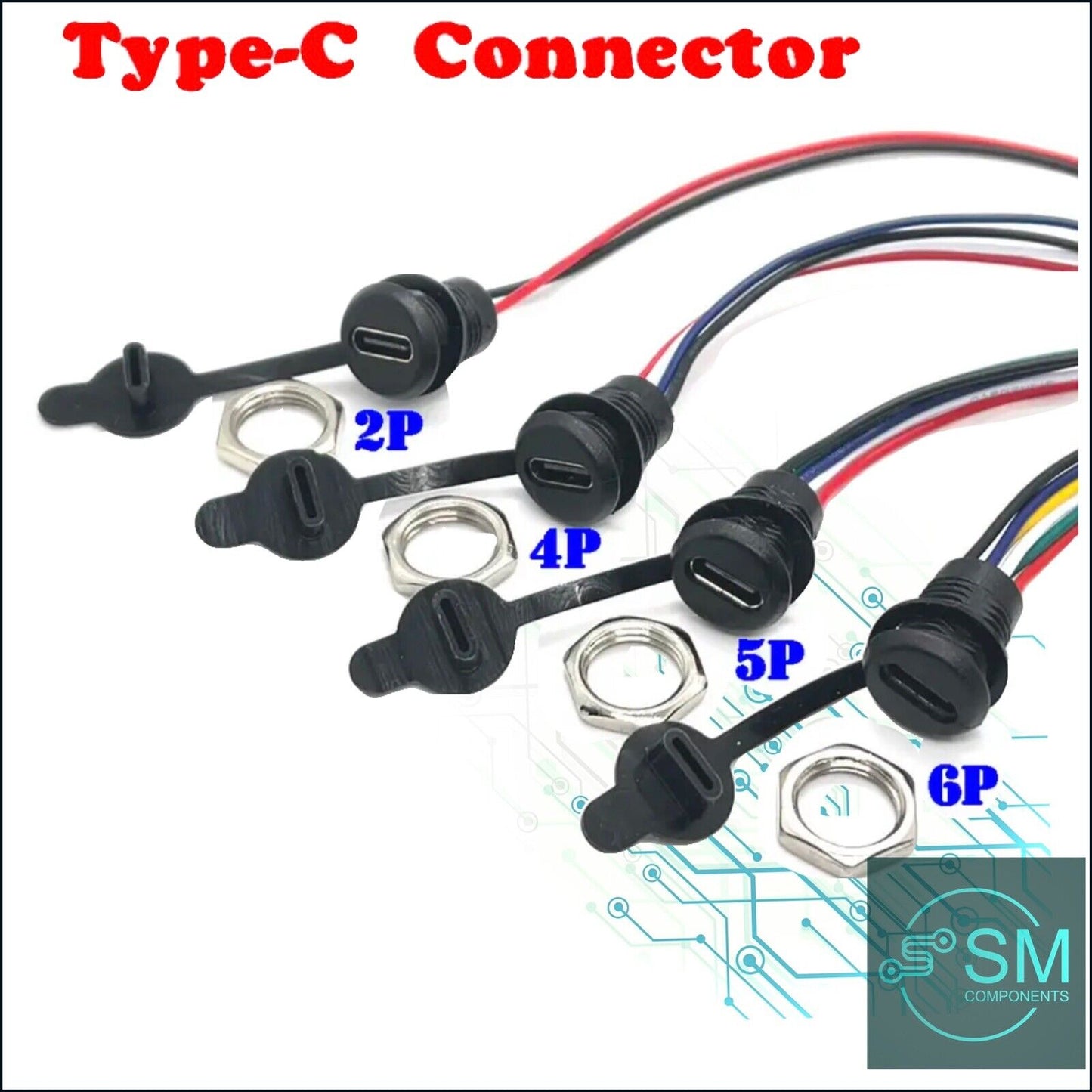 5 x 11mm Female USB Type C 2P 4P 5P 6P Waterproof Prewired Charging Jack DIY