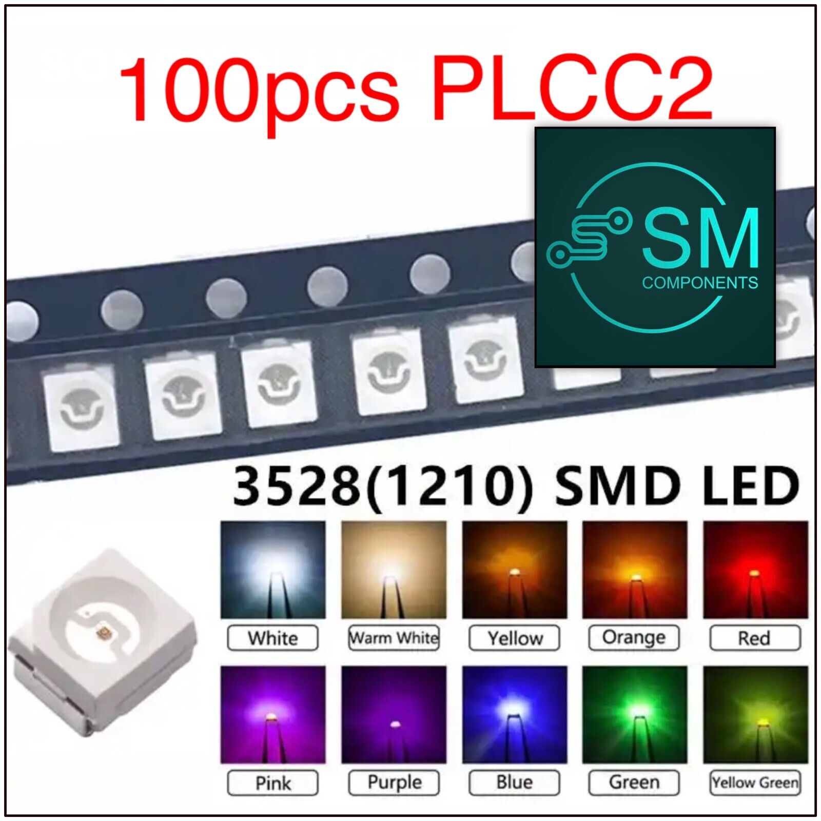 100pcs 3528 (1210) PLCC2 SMD/SMT Leds ALL COLOURS Light Emitting Diode ...