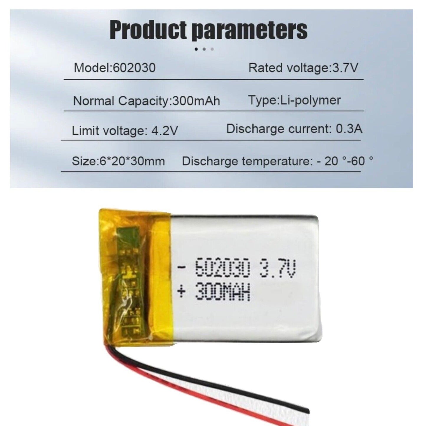 1 X Polymer Lithium Ion Battery LiPo 300mA 3.7V 602030 6X20X30 Inc Protection