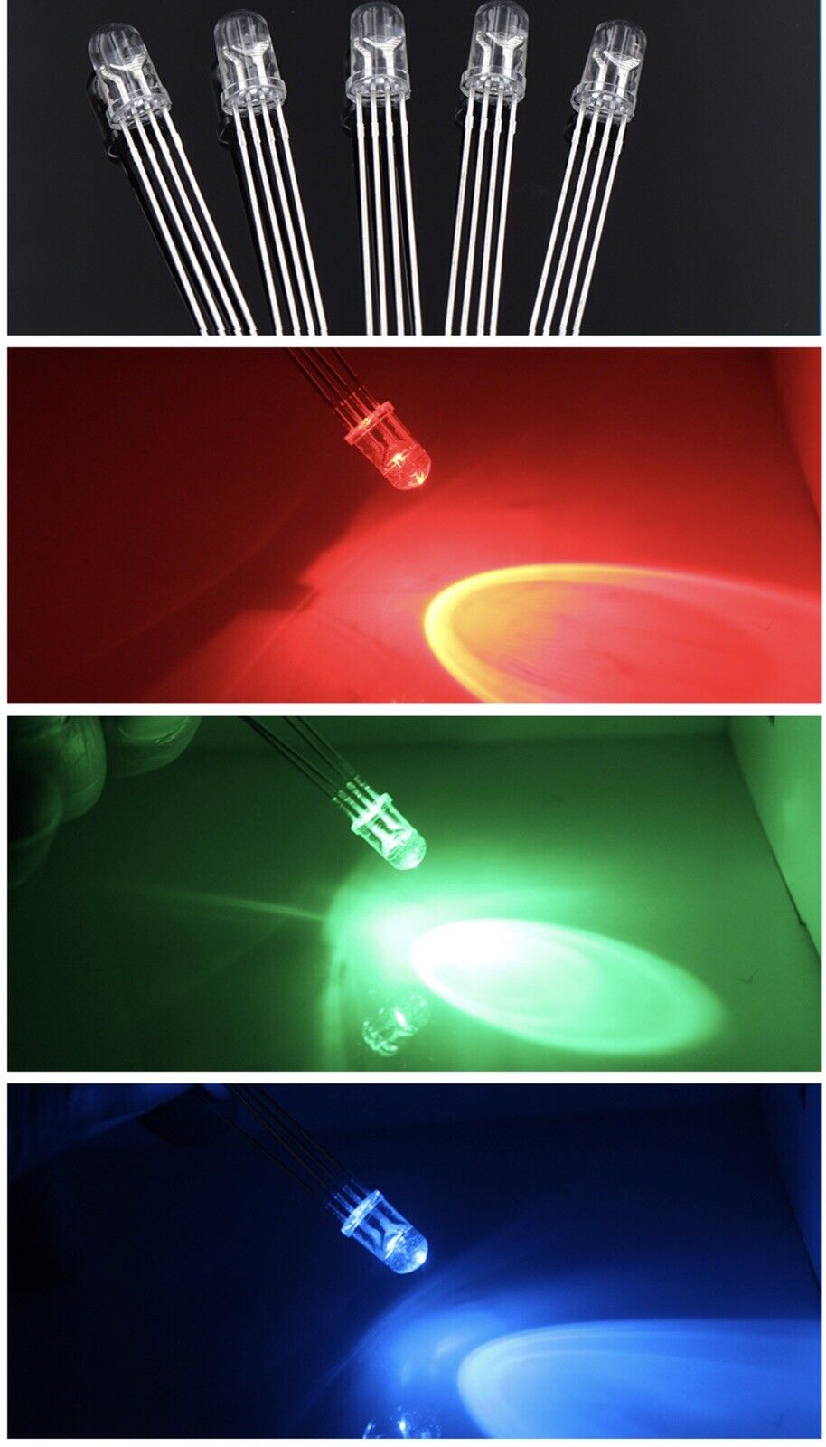 100pcs 5mm LED 4pin RGB Red Green Blue Clear Top Tricolour Common Cathode LED