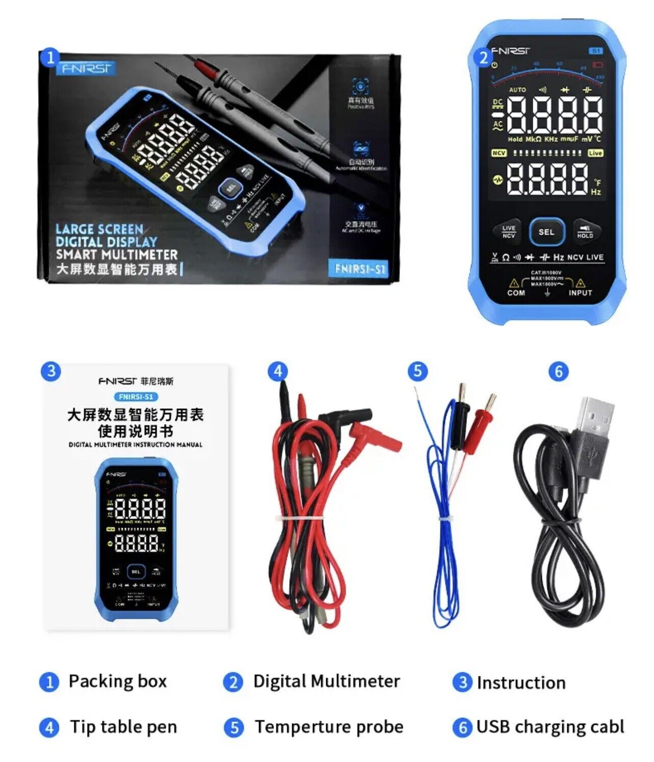 FNIRSI-S1 Digital Multimeter 9999 Counts AC DC Diode NCV Hz Live Tester