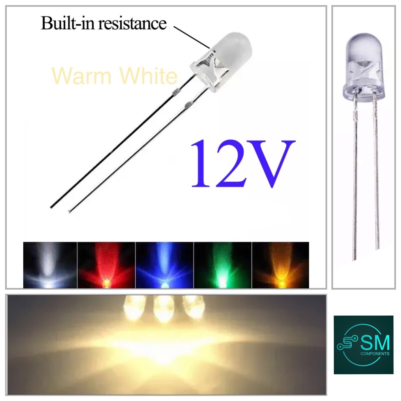 100PCS 5mm WARM WHITE LEDS 4-12 VDC Light Emitting Diode Round Clear N ...
