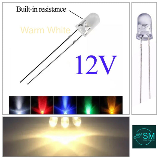 100PCS 5mm WARM WHITE LEDS 4-12 VDC Light Emitting Diode Round Clear NO RESISTOR