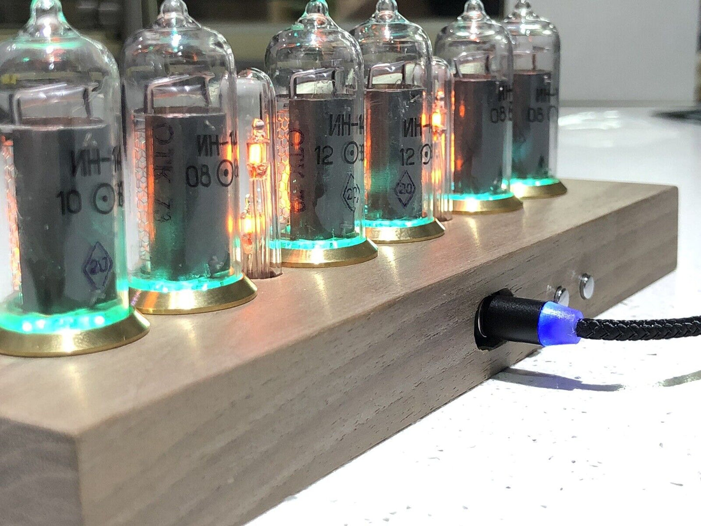 IN-14 Nixie tube Clock Inc Enclosed Walnut Base Brass Ring + Anti Cathode Poison