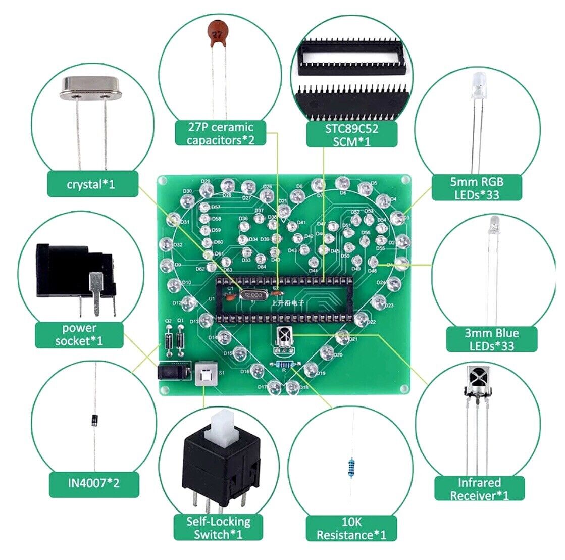 DIY RGB LED Heart Project Electronic Education Circuit Starter Kit Cable Include