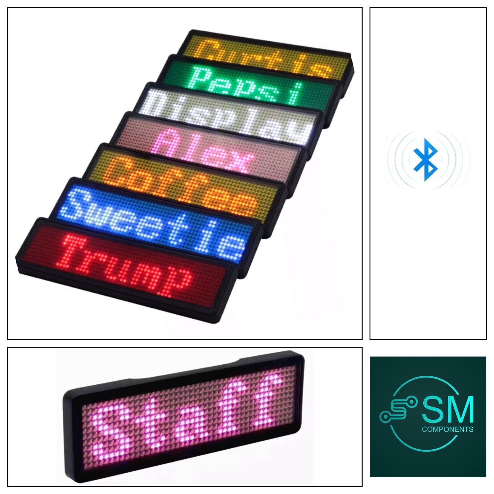 Rechargeable PINK LED Scrolling Name Badge Message Scrolling Blue Toot ...