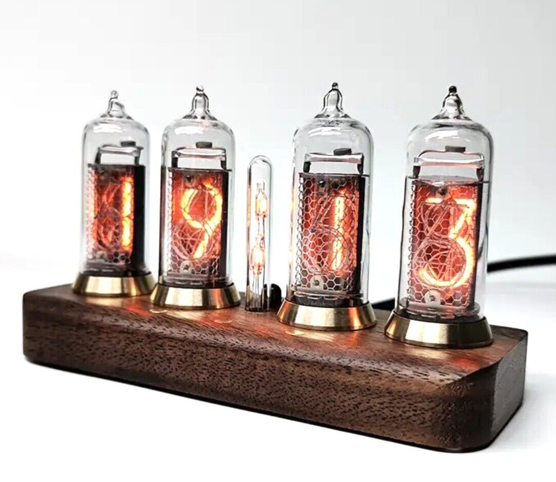IN-14 Nixie Tube 4 Digit Clock Bluetooth Connectivity Walnut Base Brass Rings