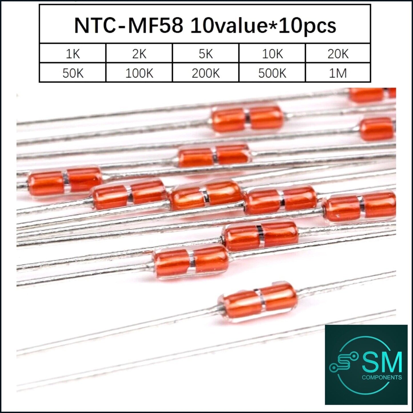 MF58 100 X Glass Encapsulated NTC Thermistor 1K-1M Ω 5% 3950B Temperature Sensor