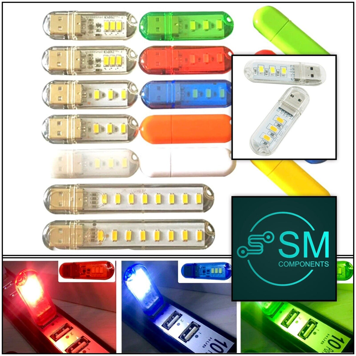 3x Leds 3PCS USB Stick LED Night desk Portable Reading Light 3 x LEDs ALL COLO ...