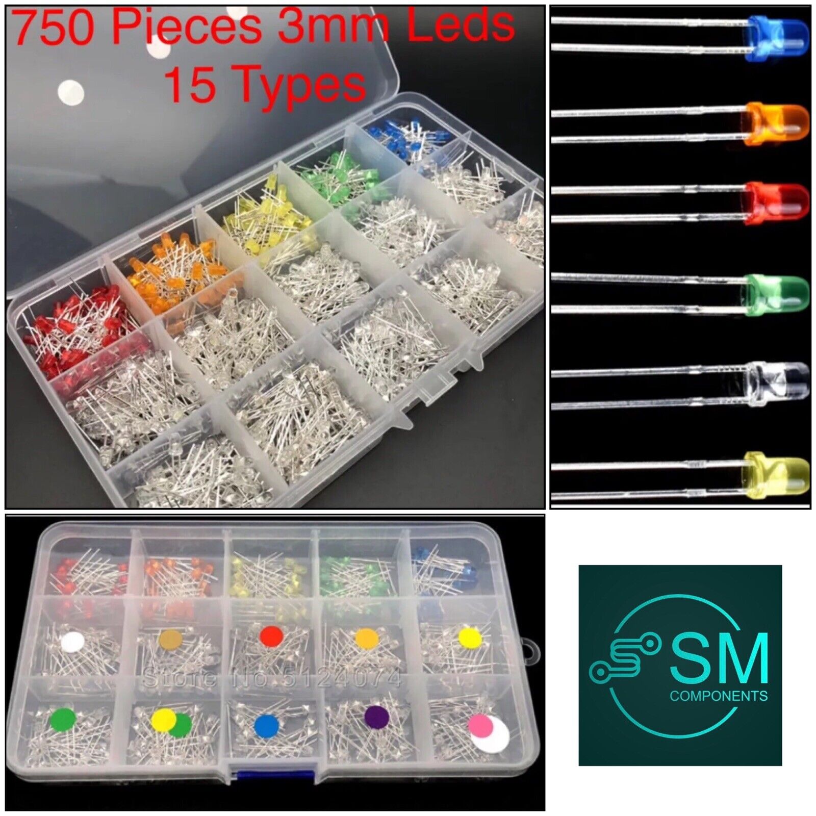 3mm LED 750pcs Light Emitting Diodes 15 Colour Red Green Blue Etc Asso ...