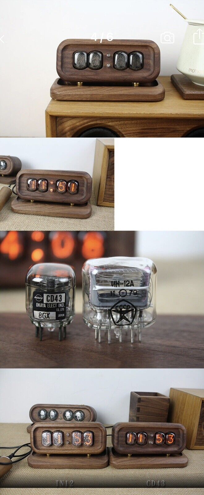 IN-12 IN12 4 Digit Nixie tube Clock Inc Dark Walnut Enclosure & Base 12/24 Hr