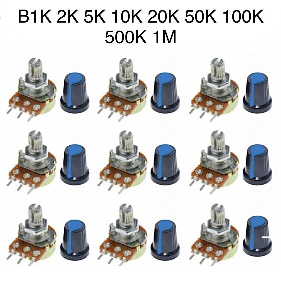 9PCS 9 Values WTH-148 Single 3 Pin Potentiometer Kit B1K-B1M With Nut & Knob