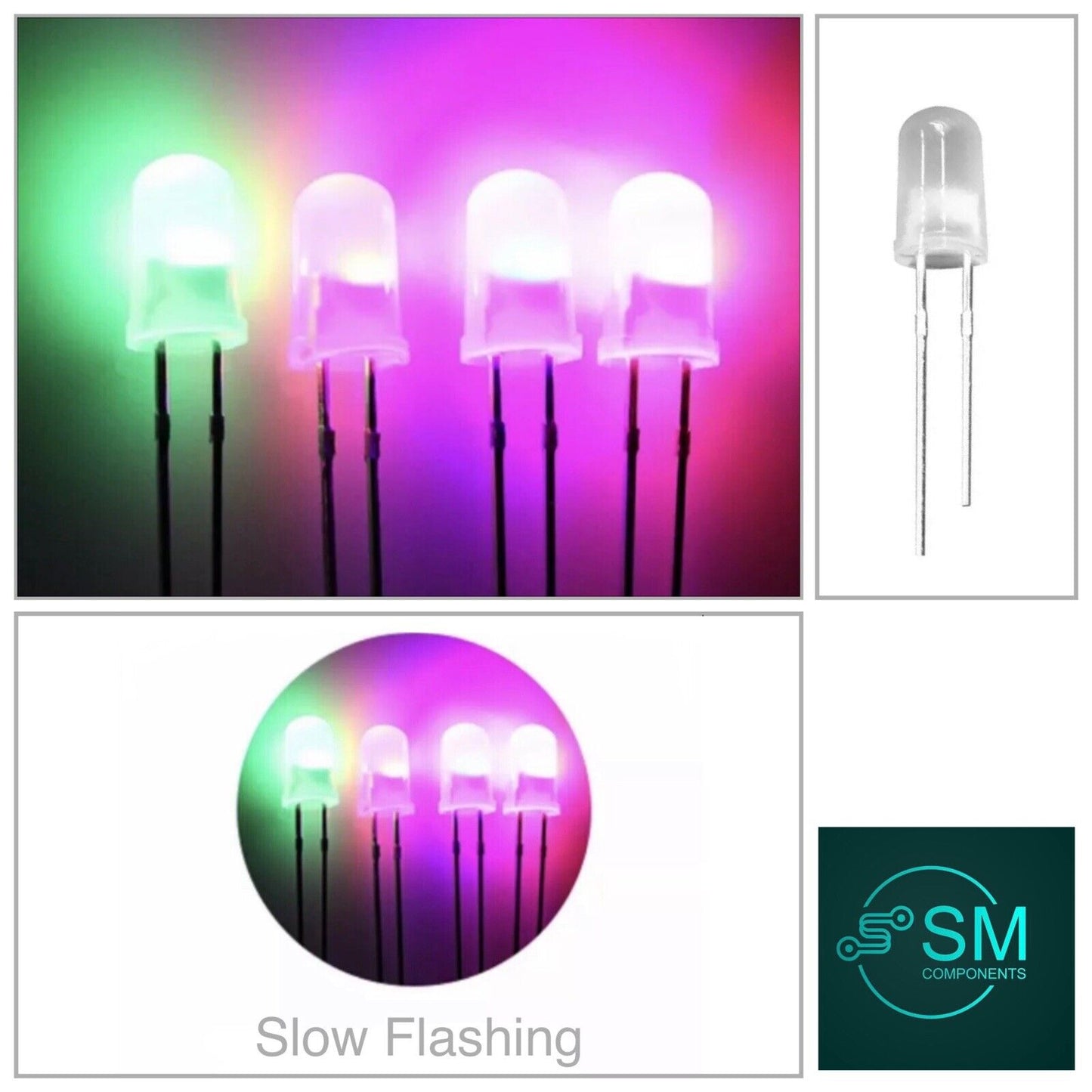 5mm LED Light Emitting Diode RGB SLOW flash 100pcs DIFFUSED  Round Top 7 Colour