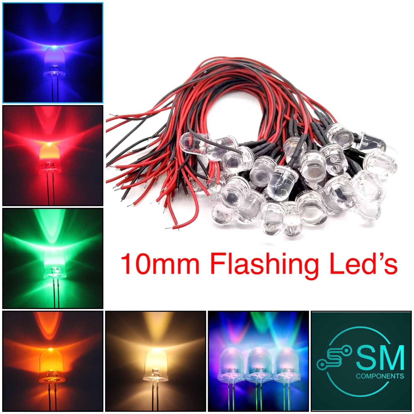 10pcs 10mm 12V Prewired 1.5Hz FLASHING Clear Top Leds All Colours Hobb ...