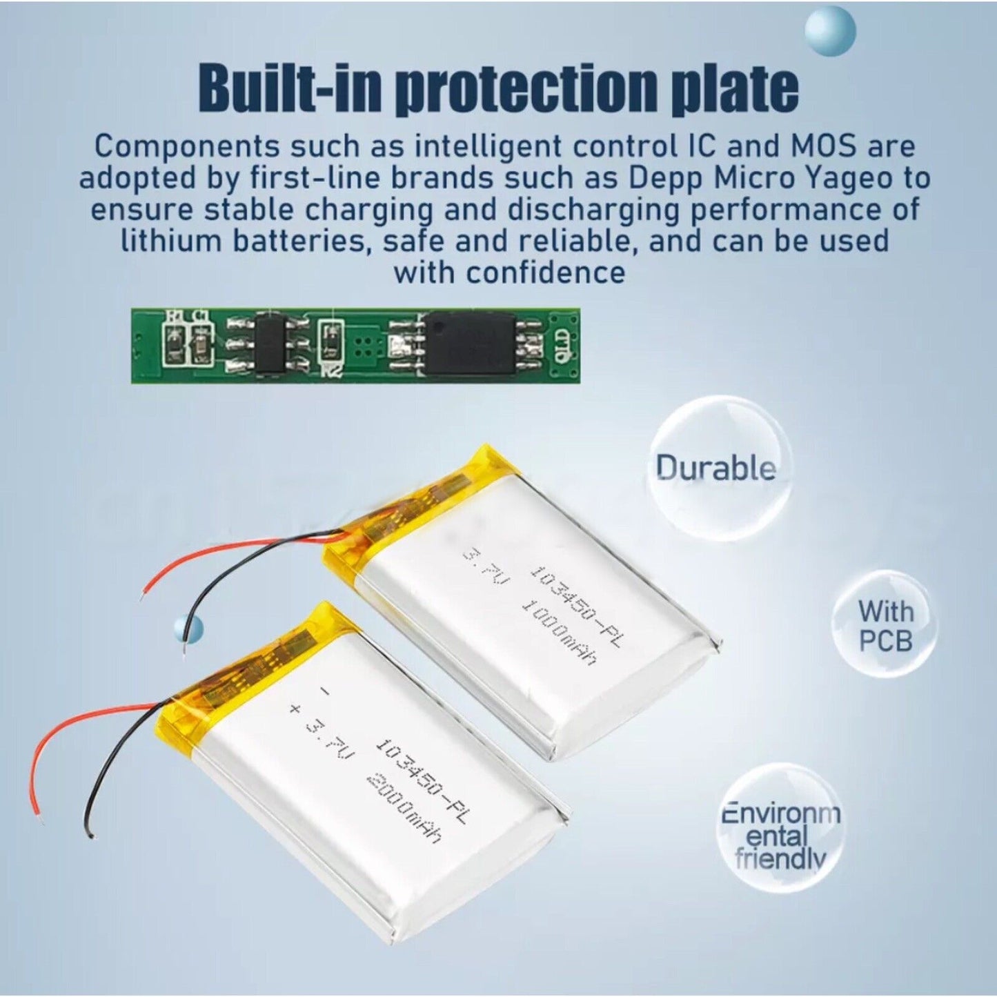 1 X Lithium Polymer Ion Battery LiPo 2000mAh 3.7V 103450 34x50x10 PH2.0 Connect