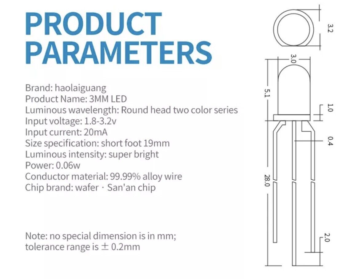 100PCS LED 3mm BLUE-WHITE 3-Pin Dual Bi-Color Diffused Common Cathode ...