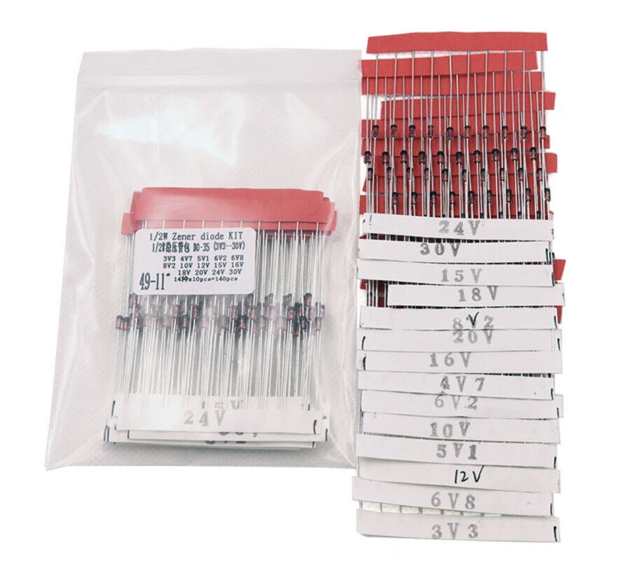 140Pcs 3.3-30V 14 Value 1/2W 0.5W DIY Zener Diode Assorted Kit Voltage Regulator