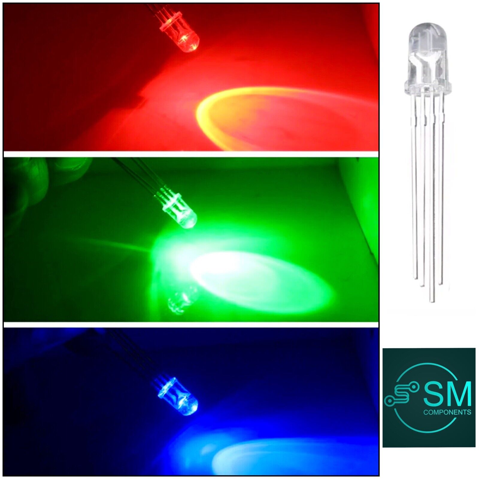 100pcs 5mm LED 4pin RGB Red Green Blue Clear Top Tricolour Common Cath ...