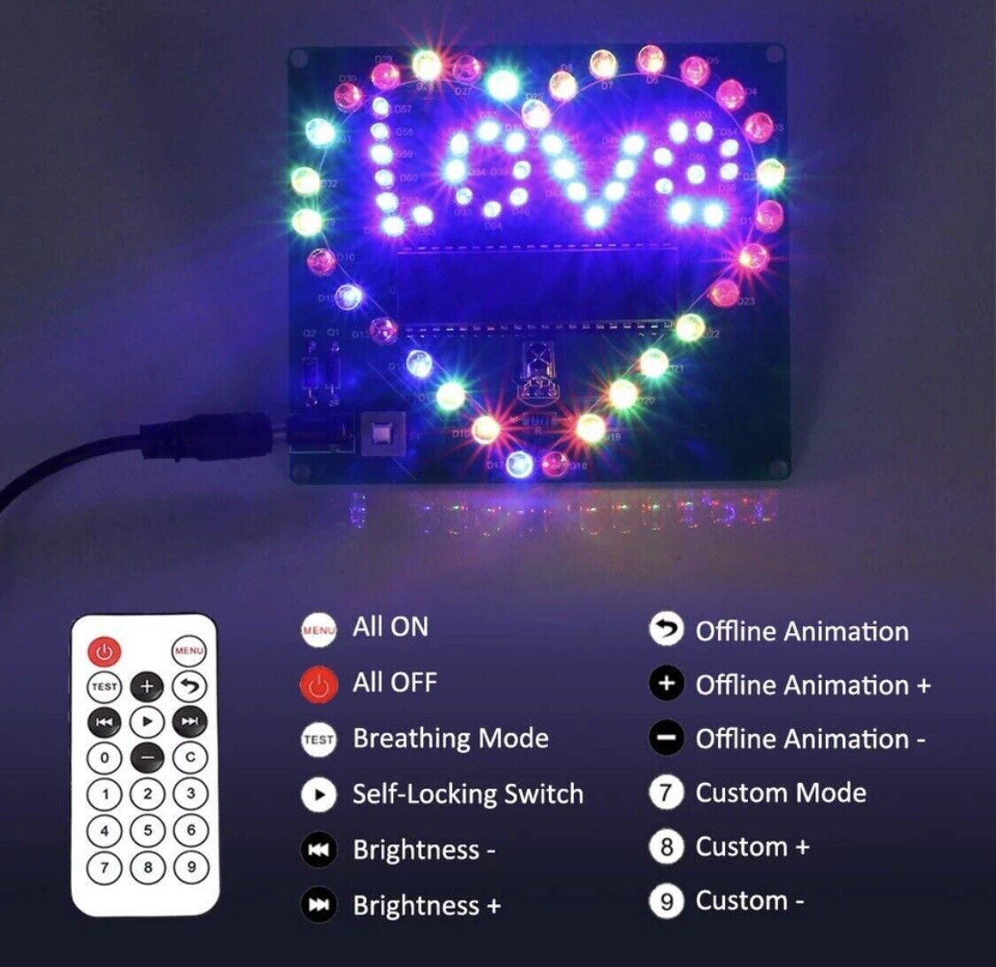 DIY RGB LED Heart Project Electronic Education Circuit Starter Kit Cable Include