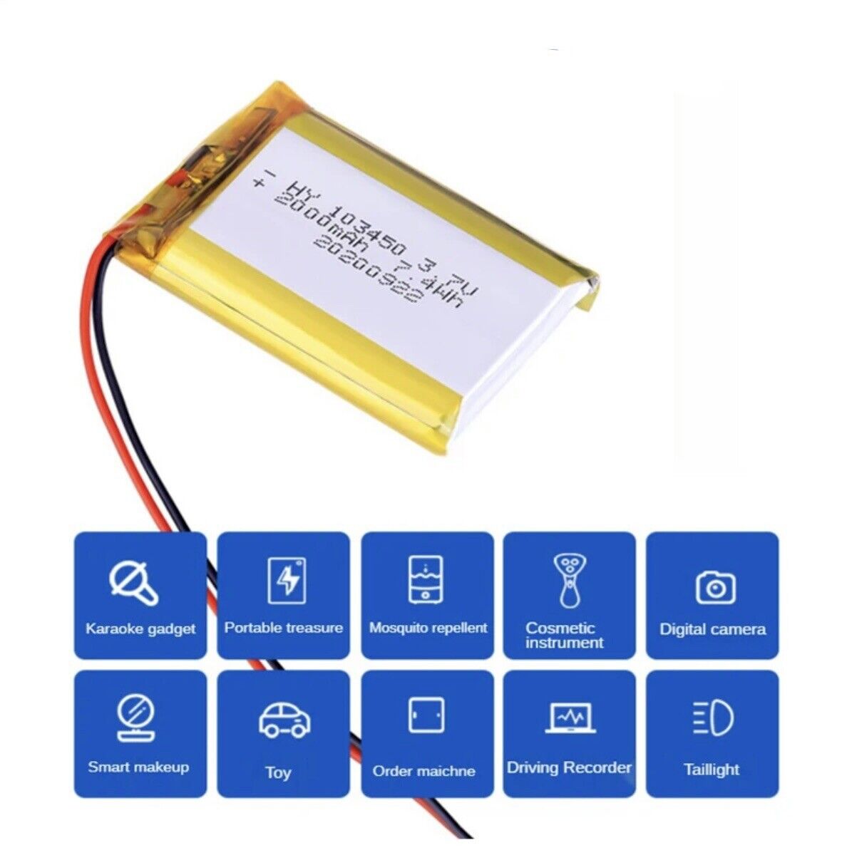 1 X Lithium Polymer Ion Battery LiPo 2000mAh 3.7V 103450 34x50x10 PH2.0 Connect