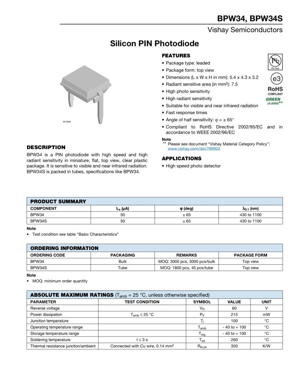 Bpw34 Driver 5 pcs BPW34 Original Silicon PIN Photodiode DIP-2 New IR Receiver 430n ...