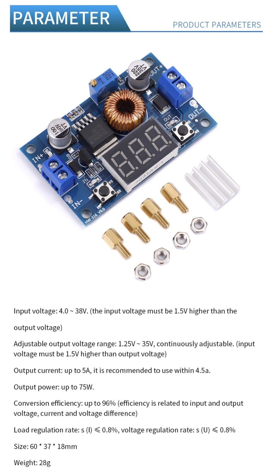 3PCS XL4015 5A DC Buck Step-down Adjustable Voltage Power Converter LED Display