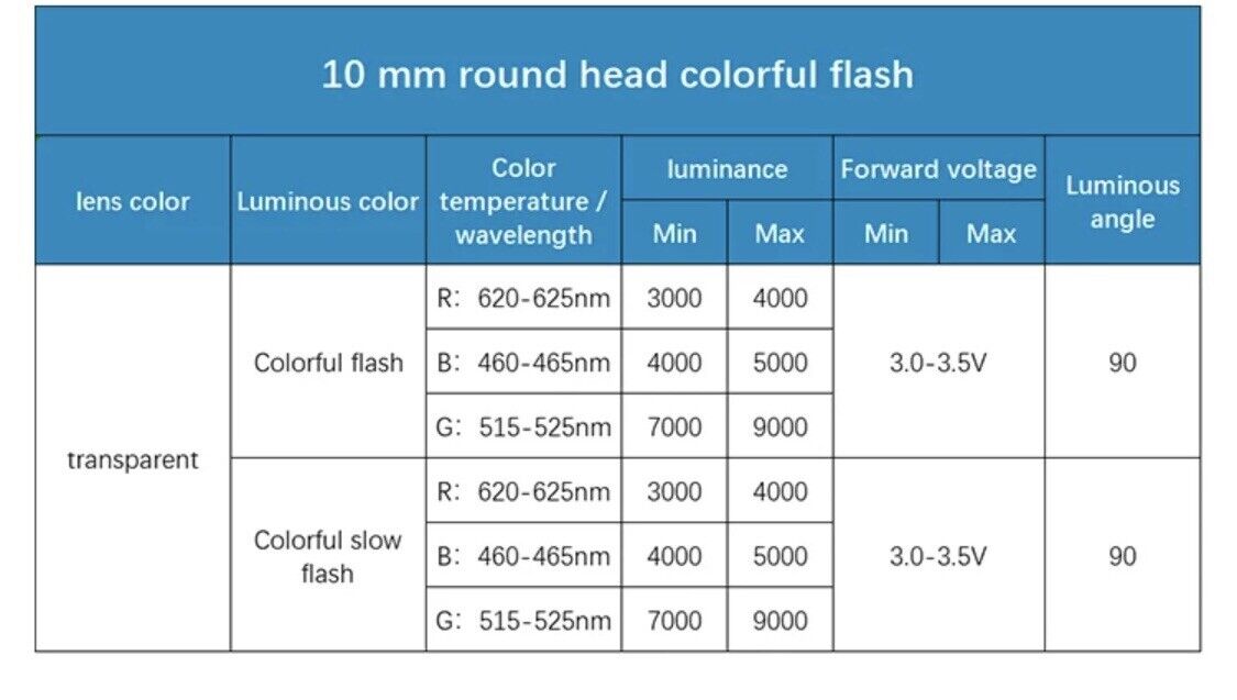 50PCS 10mm LED Light Emitting Diode RGB 7 Colour SLOW flash Round DIFFUSED Top
