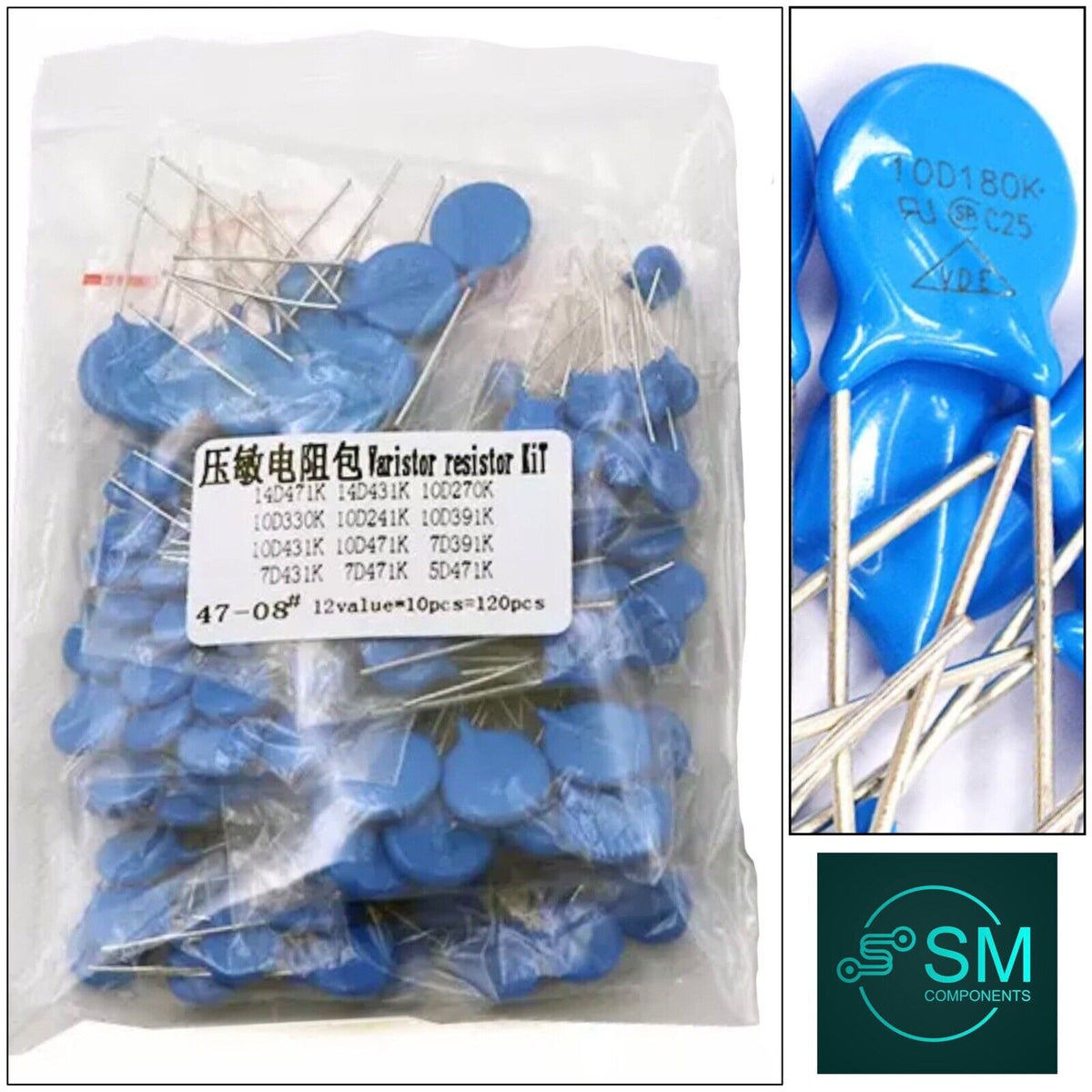 Product Varistor 120pc Metal Oxide Varistor Kit 5D471K to 14D471K 12 Values X 10pcs Eac ...