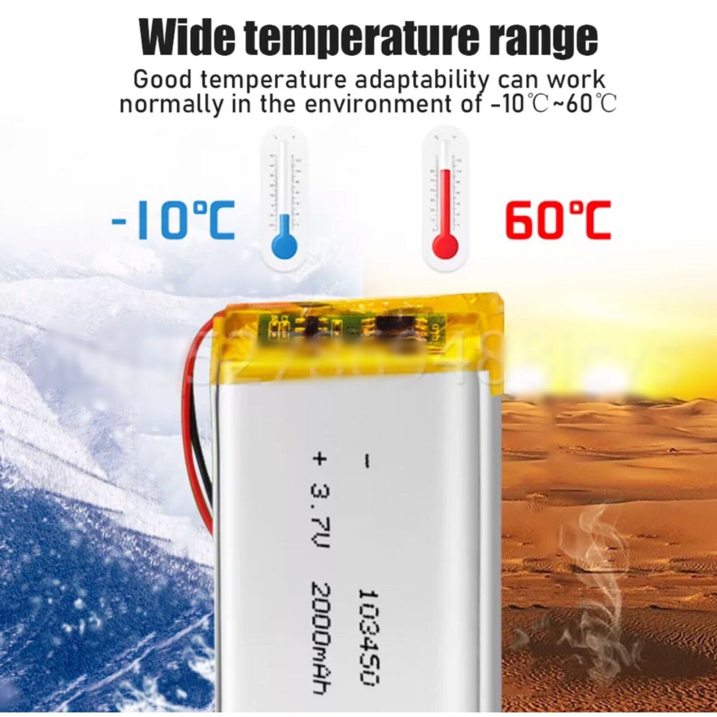1 X Lithium Polymer Ion Battery LiPo 2000mAh 3.7V 103450 34x50x10 PH2.0 Connect