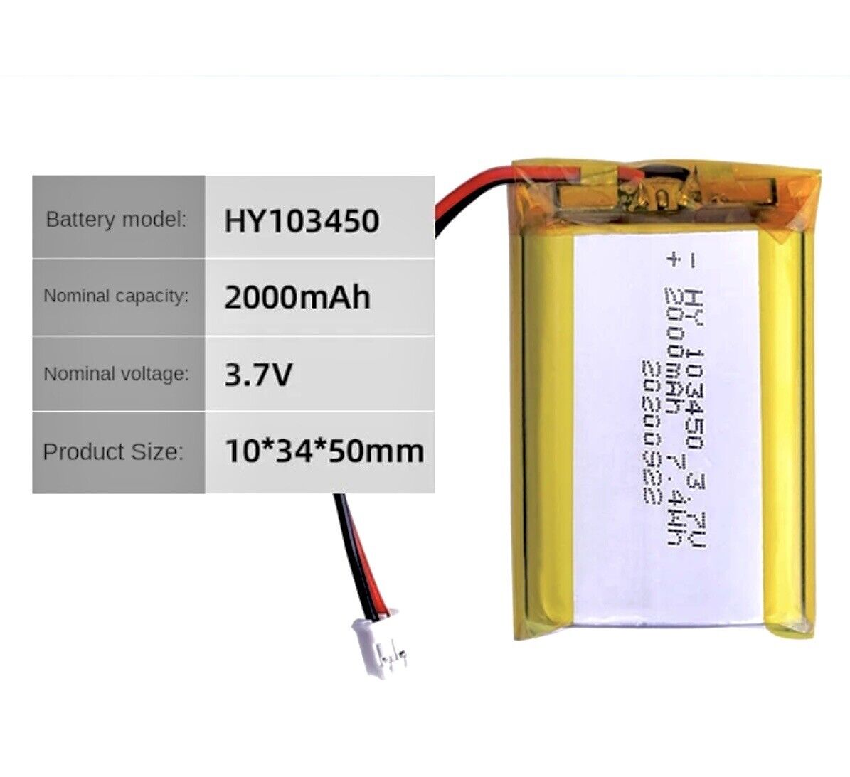 1 X Lithium Polymer Ion Battery LiPo 2000mAh 3.7V 103450 34x50x10 PH2.0 Connect