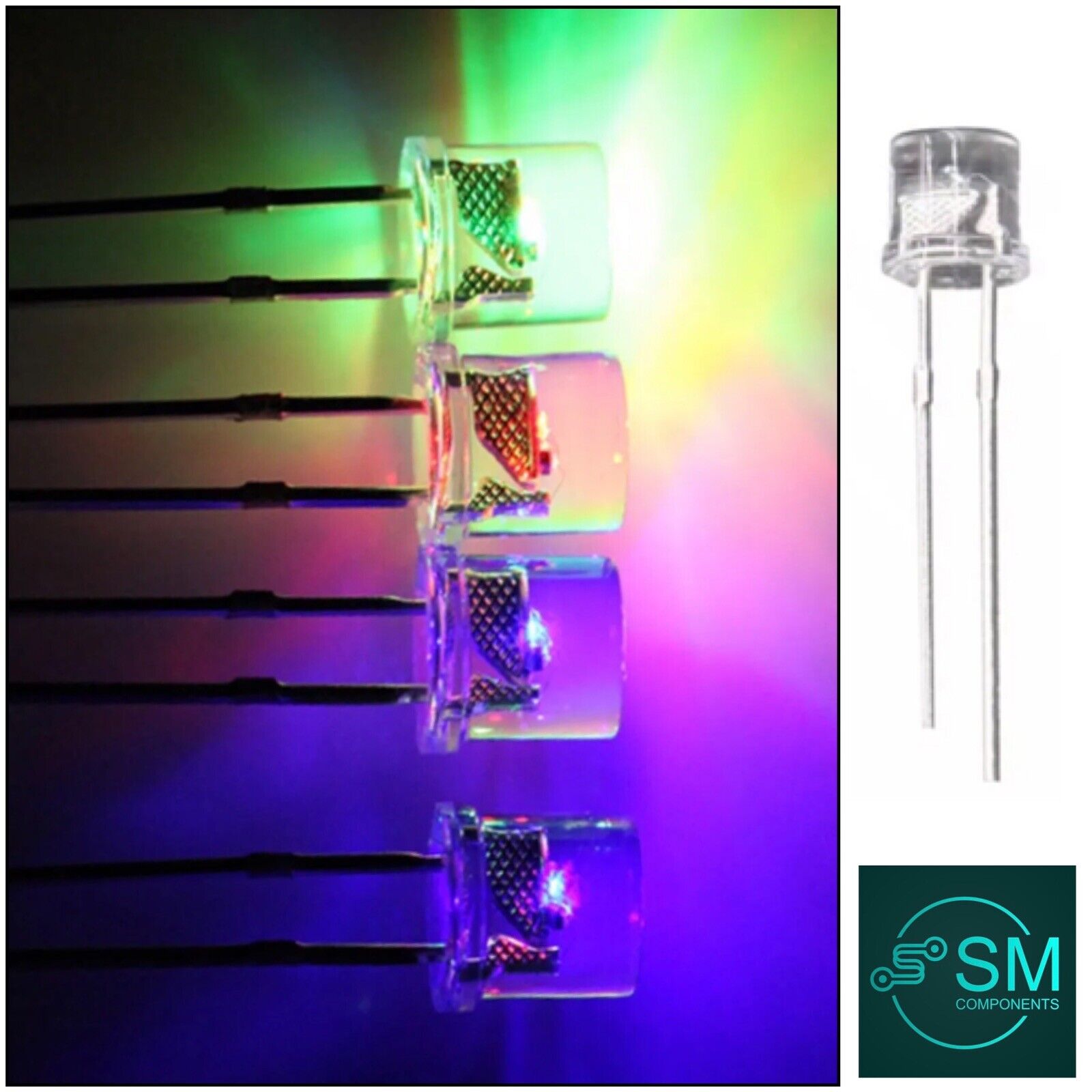5mm LED Light Emitting Diode 7 COLOUR RGB FAST flash 100pcs Clear FLAT ...
